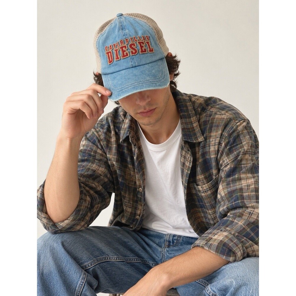 CAT Caterpillar Diesel Denim Mesh Trucker Hat Blue Distressed Strapback Workwear